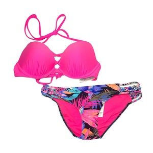 Hollister Neon Pink & Multicolor Tropical Floral Print Matching Bikini Set